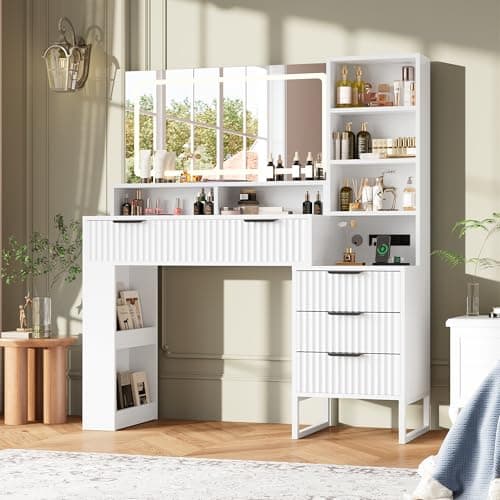 HAIOOU Fluted Vanity Desk with Mirror and Lights,48" Large Makeup Vanity Desk with Charging Station,Dressing Table with 4 Drawers & 3 Open Storage Shelves, Glass Top for Bedroom,White - Image 1