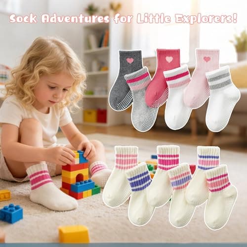 BISOUSOX Toddler Socks with Grips, Seamless Cotton Non-Slip Crew Baby Boy Girl Grippy Socks for 0-5T Walking, Crawling - Thumbnail 2