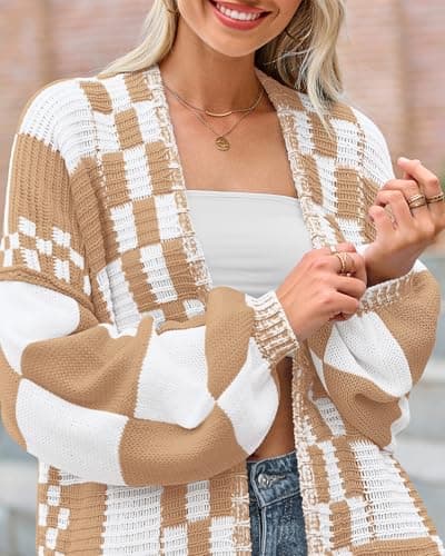 BTFBM Casual Cardigan Sweater for Women Fall 2026 Long Sleeve Open Front Chunky Knit Sweaters Checkered Outwear Coat(Light Khaki,XX-Large) - Thumbnail 4