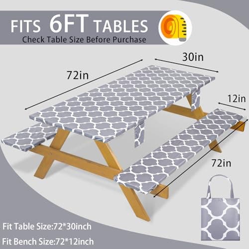 memKiya Fitted Waterproof Picnic Table Cover with Bench Covers Elastic Polyester 72In Camping Tablecloths for 6Foot Rectangle Tables Summer Fall Glamping Roadtrip Stuff Festival Vacation Items Gift - Thumbnail 2