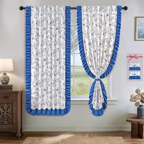 Yinhua Blue Floral Curtains for Living Room 63 Inch French Country Linen Bedroom Curtains with Ruffle Tieback, Light Filtering Flower Patterned Window Curtain Rod Pocket Back Tab Drapes, 2 Panels
