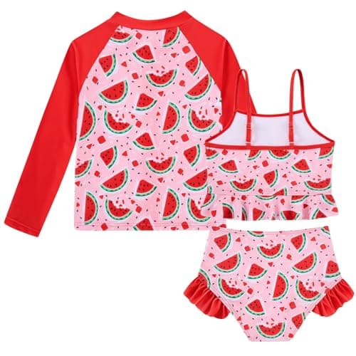 Funnycokid 4T 5T Swimsuit Kids Little Girls Watermelon Red Bathing Suit Ruffle Rashguard Sets Sun Protection Long Sleeve 3 Piece Tankini - Thumbnail 4