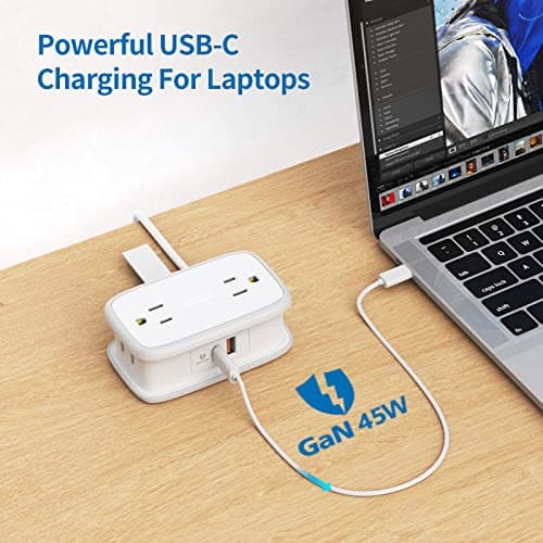 NTONPOWER GaN 45W USB C Power Strip, 4 AC Outlets with 4FT Retractable Flat Extension Cord, 45° Angled Plug Compact Travel Power Strip, Fast Charging for MacBook, iPad Pro, iPhone, Galaxy - Thumbnail 3