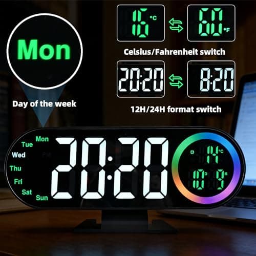Digital Alarm Clocks with 16 Night Light, Loud Alarm Clock for Heavy Sleepers Adults Teens Kids Seniors, 3 Brightness 2 Alarm Mirror and LED Big Display Clocks for Bedside, Desk, Bedrooms Living Room - Thumbnail 6
