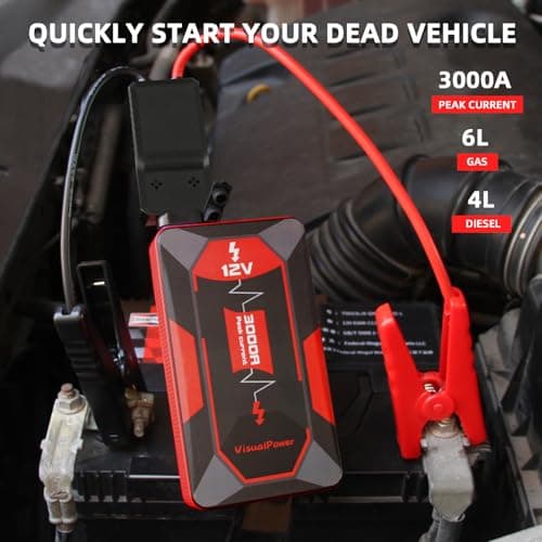 VisualPower 3000A Portable Car Jump Starter, 12V Battery Booster for 6.0L Gas/4.0L Diesel, 9 Safety Protections, Power Bank, 3-Mode LED Flashlight & Hard Case - Thumbnail 2