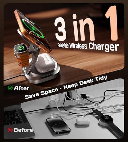 Qi2.2 25W 3-in-1 Wireless Charger for iPhone 17/16 Series, Foldable Wireless Charging Station Compatible with MagSafe, 360° Swivel Zinc Alloy Base for Apple Watch & AirPods (45W Adapter Included) - Thumbnail 3