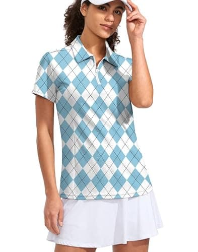 Viodia Women's Golf Shirt Short Sleeve with Zip Up Quick Dry Stretch Tennis Collared Polo Shirts for Women Golf Clothes Blue Plaid - Image 1