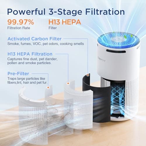 Air Purifiers for Home Large Room Up to 1500ft² with Aromatherapy, DBFIT H13 HEPA Air Purifier Air Cleaner for Smoke Pollen Dust Pet Hair Dander Odor, Portable Air Purifier with Timer (White) - Thumbnail 3