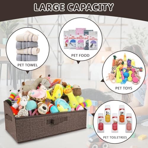 COSOWO Foldable Pet Toy Storage Box with 3 Handles, Portable Organizer Basket for Dog Toys, Blankets & Accessories, Dark Brown - Thumbnail 3
