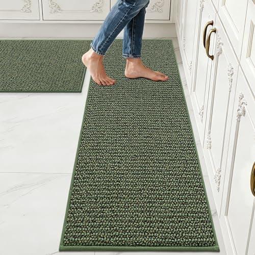 JSEI 17''x30''+17''x60'' Non-Slip Kitchen Runner Rugs, 2PCS Polypropylene Kitchen Mats, Machine Washable Absorbent and Stain Resistant Kitchen Rugs, Carpet Mats with TPR Backing for Kitchen, Green - Image 1