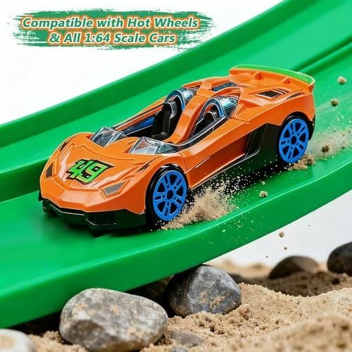 Flexible Race Track for Kids 15ft, FALDAA Toddler Car Tracks Compatible with Hot Wheels 1/64 Scale, Flextrack with 6 Cars and 6 Suction Cups, Portable Toy Car Ramp Sets for 3 Year Old+ - Thumbnail 2