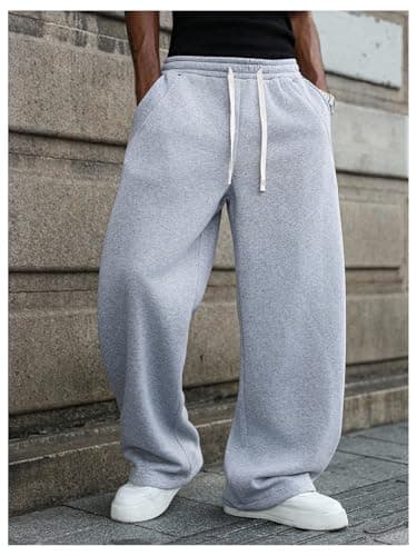 VIPWOLF Men's Stacked Baggy Sweatpants Drawstring Waist Straight Leg Track Pants Streetwear Grey Loose Solid Medium - Thumbnail 2