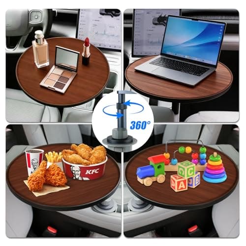 Lumlazni Car Desk for Laptop, Portable 360° Rotation Wooden Steering Wheel Tray (Cup Holder Mounted) for Food, Eating, Office, Compatible with Tesla Model Y/3 & Most Vehicles - Thumbnail 3