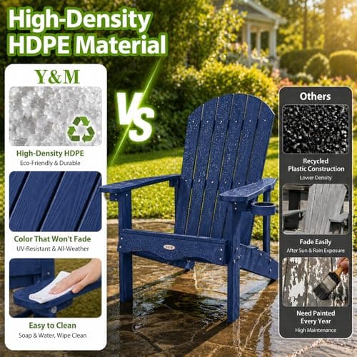 Y&M Adirondack Chair, Navy Blue Fire Pit Chairs, Outdoor Patio Chairs with Cup Holder, Weather Resistant HDPE Wooden Textured Patio Chairs, Perfect for Garden, Lawn, Deck, or Poolside - Thumbnail 5