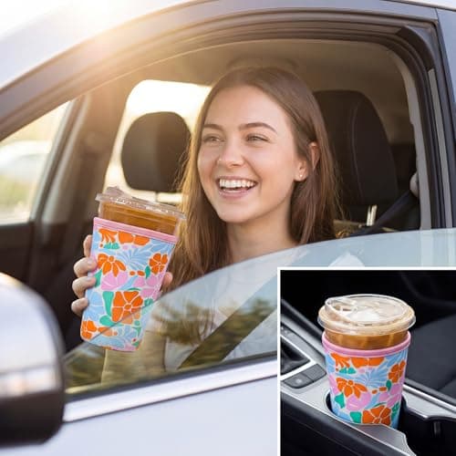 Dntorx Reusable 3-Pack Iced Coffee Cup Sleeve, Insulated Neoprene Drink Sleeve for 16-32 oz Hot Cold Beverages（Matisse Flowers） - Thumbnail 4