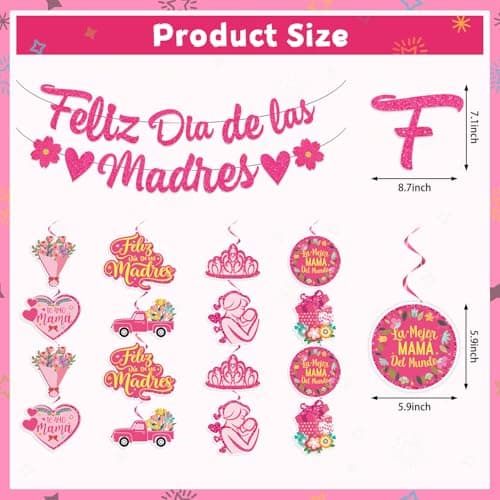 LARRAZABAL Feliz Dia De Las Madres Decorations, Mothers Day Decorations Includes Feliz Dia De Las Madres Banner and Hanging Swirls for Spanish Mother's Day Party Supplies - Thumbnail 5