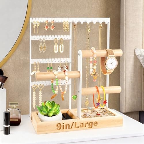 Godboat Jewelry Organizer, 4-Tier Earring Holder Organizer with 48 Holes, 6 Hooks Necklace Rack, Bracelet and Ring Stand with Wood Box, Gifts for Mothers Mom Women, Preppy Stuff & Room Decor, (White) - Image 1