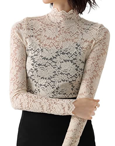 QiuDumo Women's Retro Lace Tops Sheer Casual Bodycon Blouse Boho Jumper Shirts Plu Apricot XXXL - Thumbnail 2