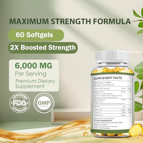 Oil of Oregano with Black Seed Oil Softgels, 6 in 1 Oregano Oil Capsules Organic 6000mg High Potency Carvacrol&Thymoquinone, Non GMO Natural Antioxidants Immune Support Supplement - 60 Capsules - Thumbnail 3
