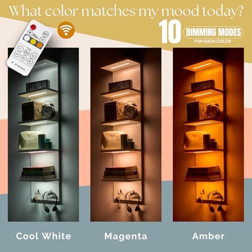 Sorbus LED Light Display Shelf - Vertical 5 Tier Wall Shelf Unit with 2 Hooks, Column Utility Shelving for Home Decor, Wall-Mounted Floating Shelves for Bathroom, Bedroom, Vanity, Figurine Display - Thumbnail 4