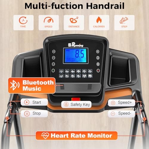 Lastforever 3.5HP Folding Treadmill for Home, 350 lbs Capacity, Portable Treadmills with 3-Level 12% Manual Incline, Bluetooth Speaker, Shock Absorption, Quiet Motor (Black+Orange) - Thumbnail 2