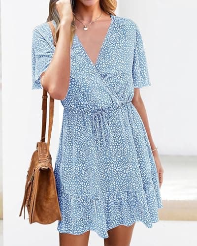 KIRUNDO Womens Summer Dresses 2026 Casual Spring Short Sleeve V Neck Ruffle Floral Print High Waist Belted Flowy Mini Dress(Medium, Light Blue) - Thumbnail 5