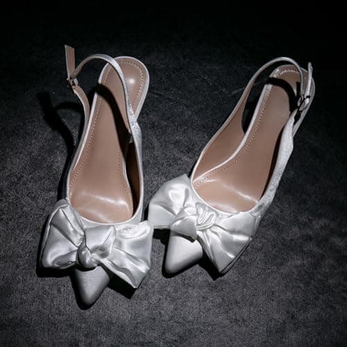 RUSAUISE White Heels for Women High Heels Slingback Heels Pointed Toe Pumps with Bow Low Heel Dress Shoes Wedding Shoes for Bride Bridal Shoes Silk Bow Size 9 - Thumbnail 5
