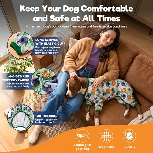 LovinPet Pitbulls Pajamas, Large Dog Pajamas Onesie, Lightweight Stretchy Knit Pullover Large Breed Jammies, Big Hippo Green Print, Wound Care, Post Surgery Dog Shirt, UV Protection, Dog Onesie, XL - Thumbnail 6