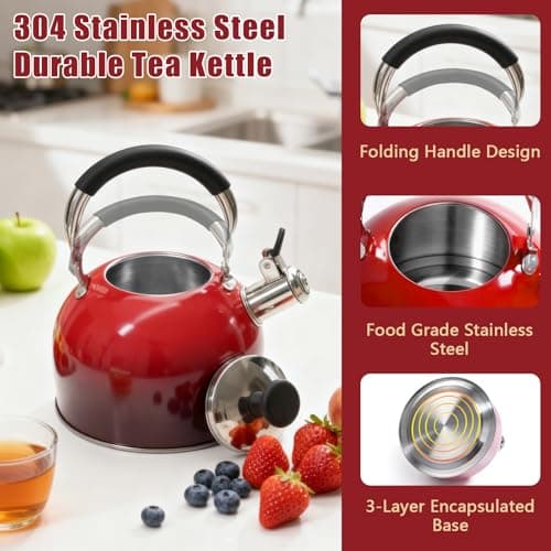 Tinlon Enamel 2.5 Qt Whistling Tea Kettle for Stovetop, Red - Thumbnail 4