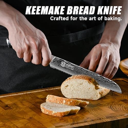 KEEMAKE Serrated Bread Knife, 8 Inch Japanese Damascus Kitchen Knife Wave Edge with G10 Ergonomic Handle, Cake Cutter Bread Slicing Knife for Sourdough Loaf Ciabatta - Thumbnail 6