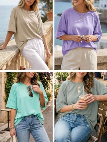 Cicy Bell Womens Oversized T-Shirts Summer Crew Neck Half Sleeve Tunic Tops Casual Loose Fit Basic Tee Shirt White - Thumbnail 6