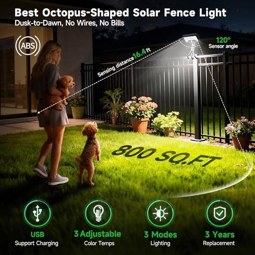 Varmtalys Solar Motion Lights Outdoor with Flexible Octopus Tripod, 12V Low Voltage Lights with Type-C USB, IP65 Waterproof Directional Fixture Black for Fence Travel [2-Pack] - Thumbnail 2