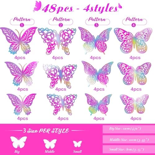 3D Butterfly Wall Decor 3 Sizes 4 Styles Butterfly Party Decorations Cake Decorations Removable Stickers Wall Decor Room Mural Metallic (Laser Pink, 48Pcs) - Thumbnail 2