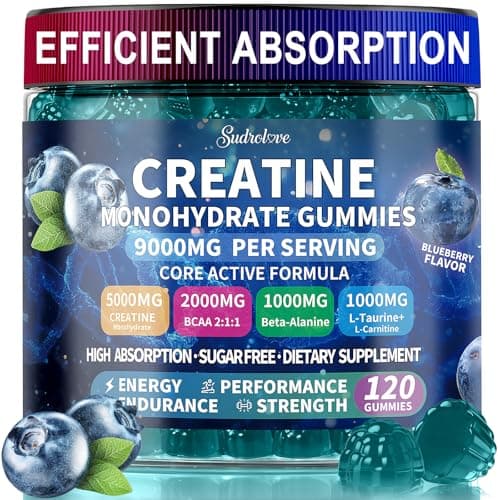 sudrolove Creatine Monohydrate Gummies with BCAA, Beta-Alanine, L-Taurine, L-Carnitine, Vitamins B6 & B12, Raspberry Flavor, Pre Workout Chewable Supplement for Men & Women, 120 Count,Blueberry