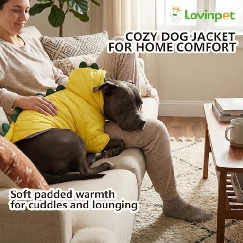 LovinPet Dog Warm Coat with Hood – Medium & Large Dinosaur Hoodie Winter Jacket for Cold Weather, Yellow & Green Coat for Large Dogs,XXL - Thumbnail 6