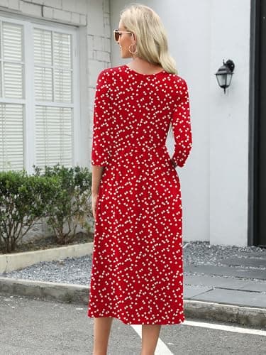 Heymoments Midi Dress for Women Floral XX-Large Crewneck 3/4 Sleeves Wedding Guest A line Casual Flowy Swing Party Vintage Spring Fall Winter Travel 2026 Long Dresses with Pocket - Thumbnail 5