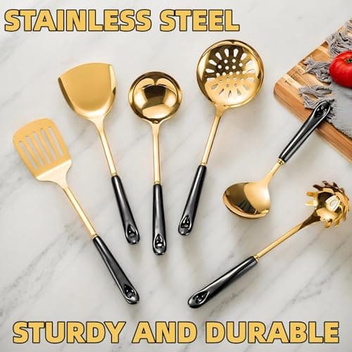 Novellus Stainless Steel Gold Kitchen Utensils Set with Holder, 7pcs Black - Thumbnail 6