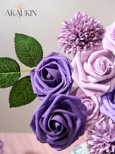 Purple Artificial Flowers Combo, Fake Silk Dahlia Roses, Chrysanthemum Ball with Stems for Wedding Bridal Bouquets, Baby Shower, Party, Table Centerpieces, Home Decor & DIY Floral Arrangements - Thumbnail 4