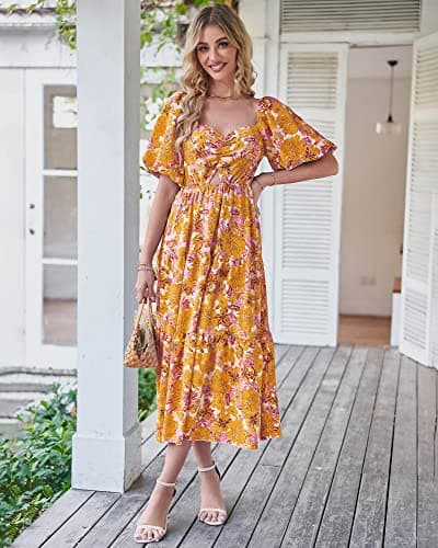 BTFBM Summer Dresses for Women 2026 Spring Outfits Beach Vacation Short Sleeve Smocked Boho Casual Floral Maxi Dress(Floral Yellow, Small) - Thumbnail 2
