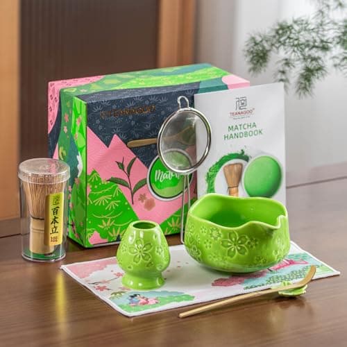 TEANAGOO 7-PCS Green Matcha Whisk Set, Complete Ceremony Start Kit, Ceramic Chawan Bowl with Spout, Whisk & Accessories, Traditional Matcha Tea Set for Lattes& Gift Giving - Thumbnail 5