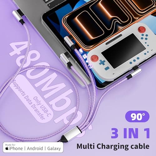 Gamer-Friendly & Travel Essentials 90 Degree Multi Charging Cable [2Pack 5FT], Right Angle 3 in 1 Charging Cable with USB-A to USB C/IP/Micro USB, Compatible with iPhone, Galaxy, Huawei, iPad and More - Thumbnail 5