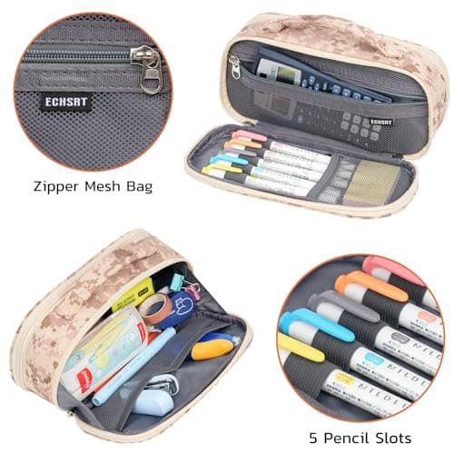 ECHSRT Tactical Pencil Case for Boy, Extra Large Capacity Camo Pencil Pouch for Men Adults, 3 Compartment Zipper Pen Case, Small Tool Bag Organizer for School Office Travel - Camo Brown - Thumbnail 6
