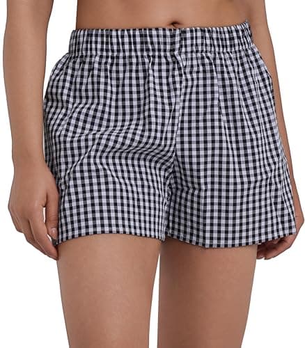Sunzel Women's Gingham Plaid Boxer Shorts 3" – Elastic Waist Loose Fit Lounge Shorts Y2K Summer Beach Casual Bottoms 2026 Black Plaid X-Large - Image 1