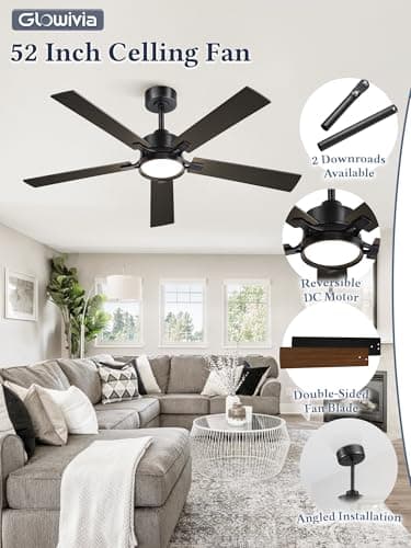 Glowivia 52 Inch Ceiling Fan with Lights and Remote, Smart APP Control, Dimmable with All-Setting Memory, Quiet DC Motor Reversible Blades, Damp Rated Modern Ceiling Fan for Bedroom Patio Living Room - Thumbnail 5