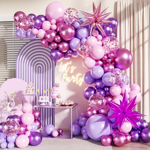 Pink and Purple Balloons Arch Kit, 140Pcs Metallic Rose Light Purple Pink Balloon Garland Arch Kit Confetti Balloons with Stars for Wedding Bridal Shower Butterfly Birthday Party Decorations - Image 1