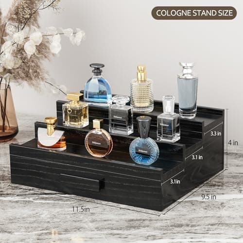 Hrbjunuo Solid Walnut Cologne Organizer for Men,3 Tier Cologne Stand,Wooden Cologne Holder Display Shelf with Drawer Storage and Hidden Compartment,Black Perfume Stand Organizer,Gifts for Men Husband - Thumbnail 3