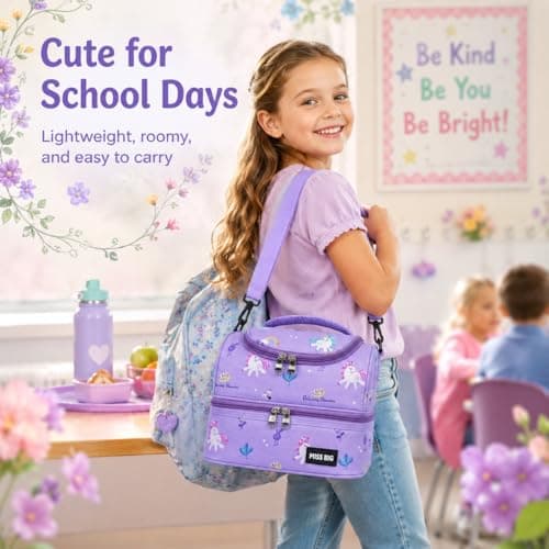 MISS BIG Kids Lunch Bag for Girls, Unicorn Insulated Lunch Bag with Two-Tier Storage, Adjustable Shoulder Strap, Lunch Box Bag for Kids, School, Daycare, Picnic, Travel - Thumbnail 3