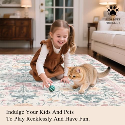 Pink Rugs for Bedroom Girls: Floral 5x7 Washable Area Rug for Nursery Kids Room Living Room Boho Decor - Soft Non-Slip Non-Shedding Carpet - Thumbnail 4