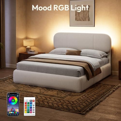 Uteeran Full Size Bed Frame with Storage, Boucle Cloud Bed with 4 Locking Drawers & LED Lights, Modern Upholstered Platform Bed, Plush Sides & Footboard, Adjustable Headboard, No Box Spring, White - Thumbnail 3