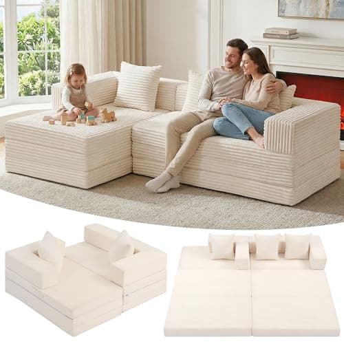 Modular Sectional Sofa, Boneless Convertible Oversized Sleeper Sofa Bed, Modern Tri-Folding Cloud Couch with L-Shape Chaise, Corduroy Futon Couches for Living Room Small Spaces Apartment,No Assembly - Image 1